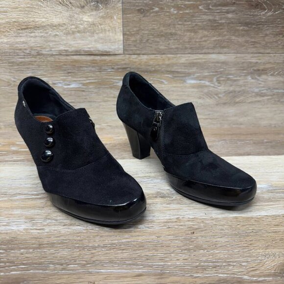 Clarks Artisan Black Suede Zipper Heeled Ankle Boots Women's Size 7 - Picture 6 of 7